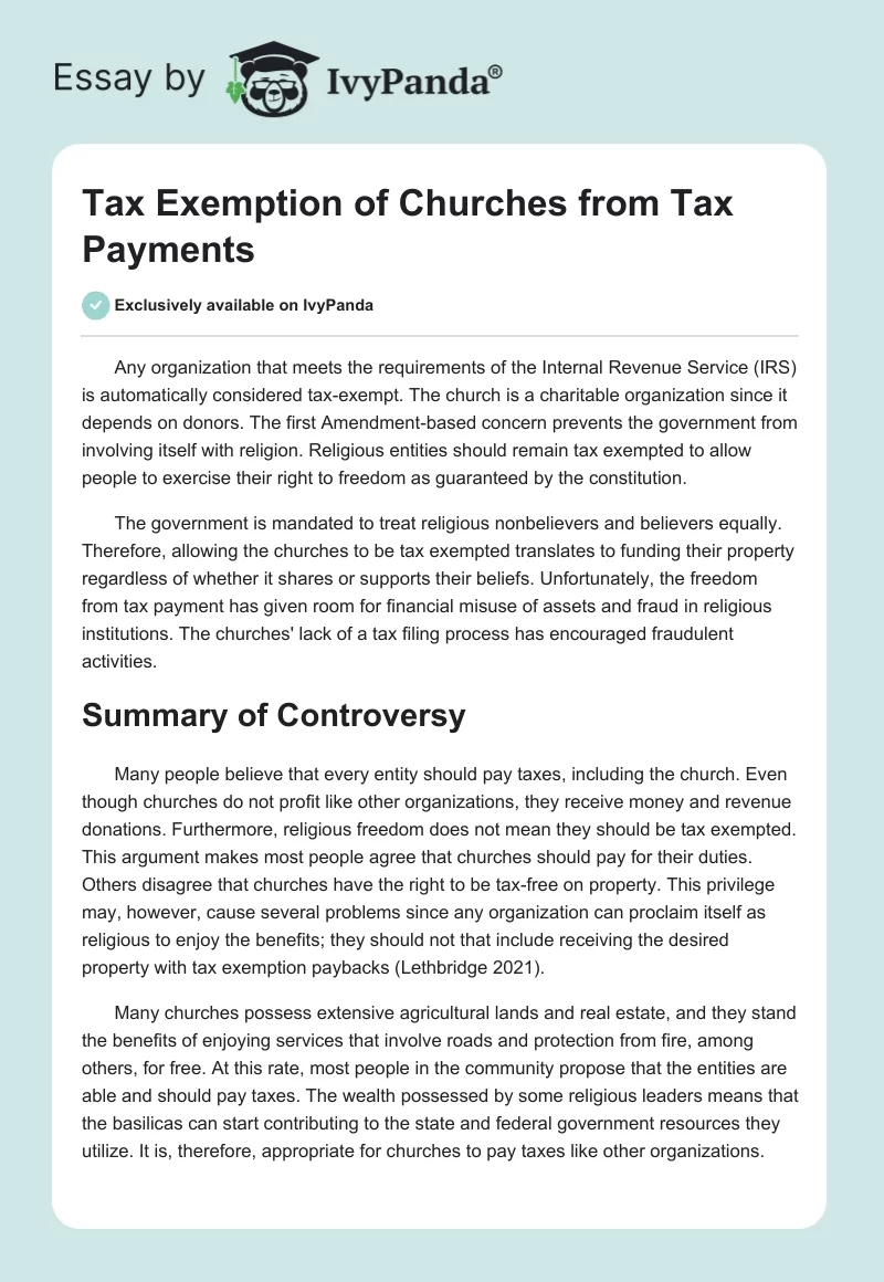 Tax Exemption of Churches From Tax Payments. Page 1