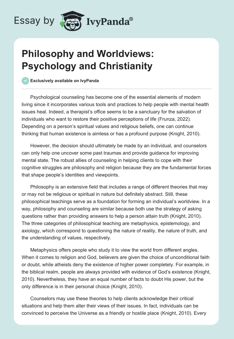 Philosophy and Worldviews: Psychology and Christianity. Page 1