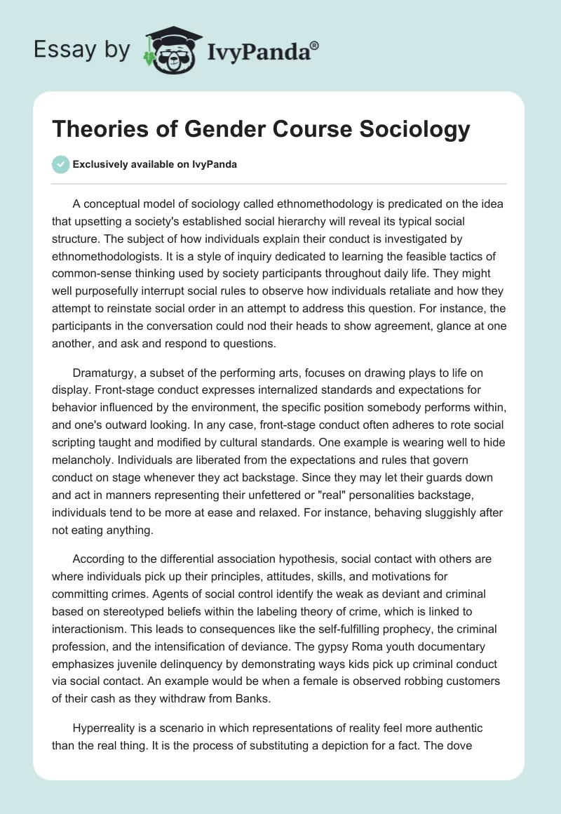 Theories of Gender Course Sociology. Page 1