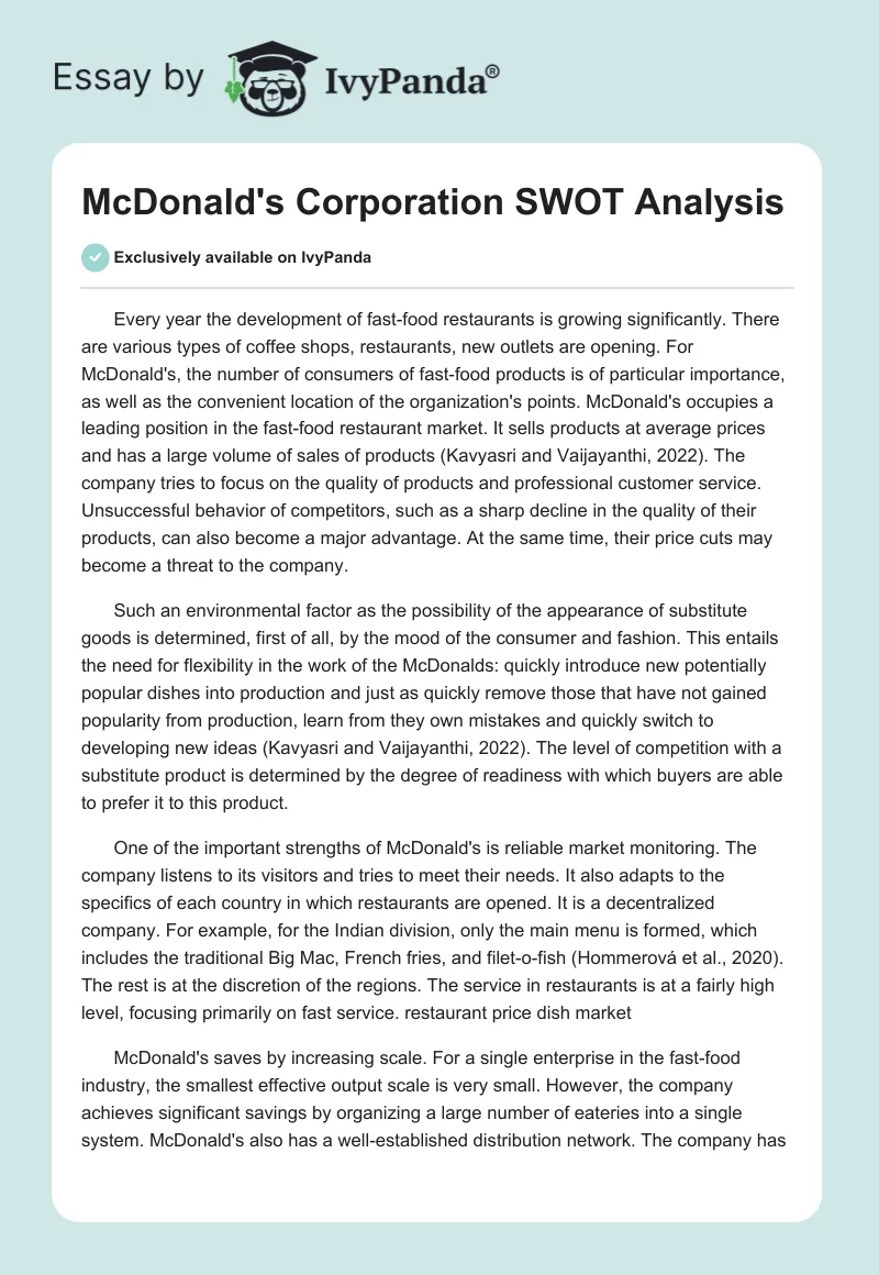 McDonald's Corporation SWOT Analysis. Page 1