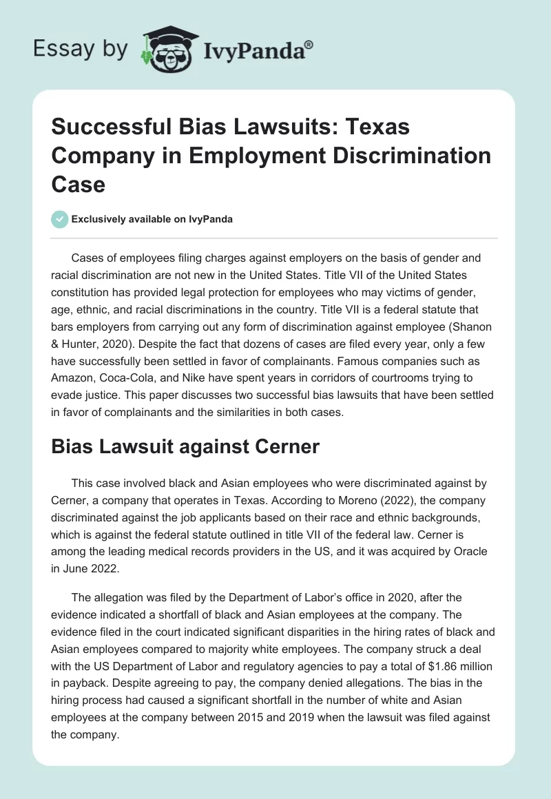 Successful Bias Lawsuits: Texas Company in Employment Discrimination Case. Page 1