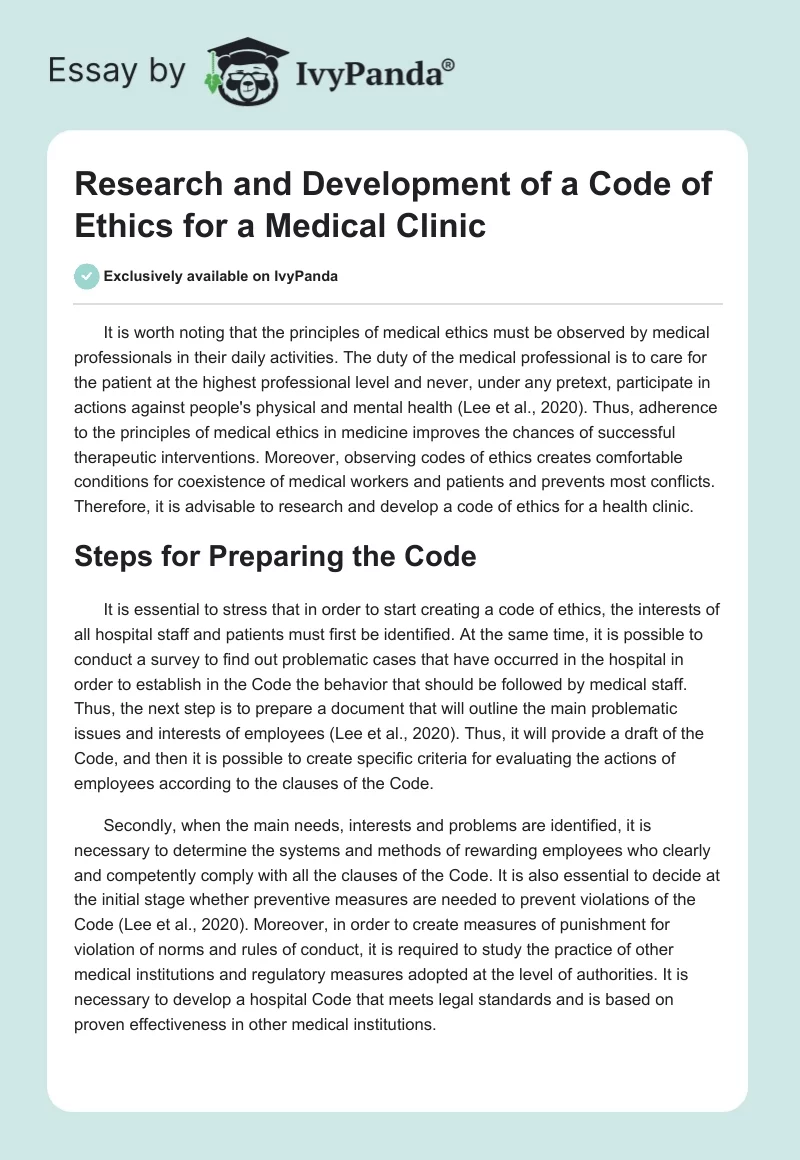Research and Development of a Code of Ethics for a Medical Clinic. Page 1