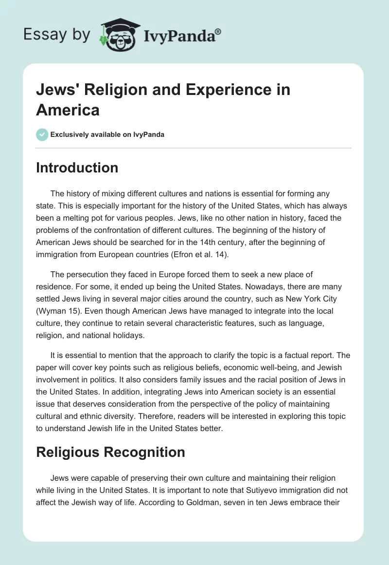 Jews' Religion and Experience in America. Page 1