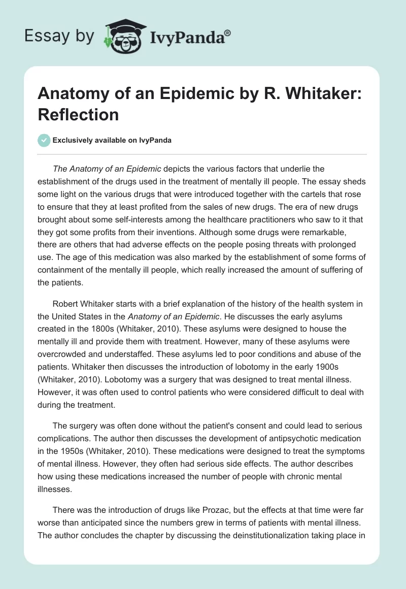 Anatomy of an Epidemic by R. Whitaker: Reflection. Page 1