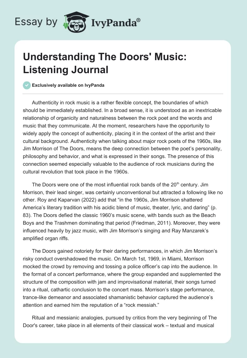Understanding The Doors' Music: Listening Journal. Page 1