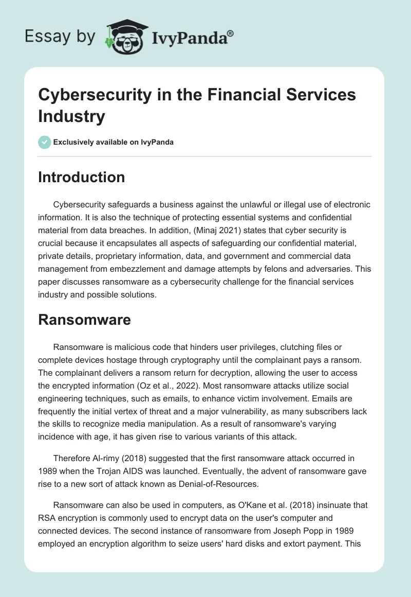 Cybersecurity in the Financial Services Industry. Page 1
