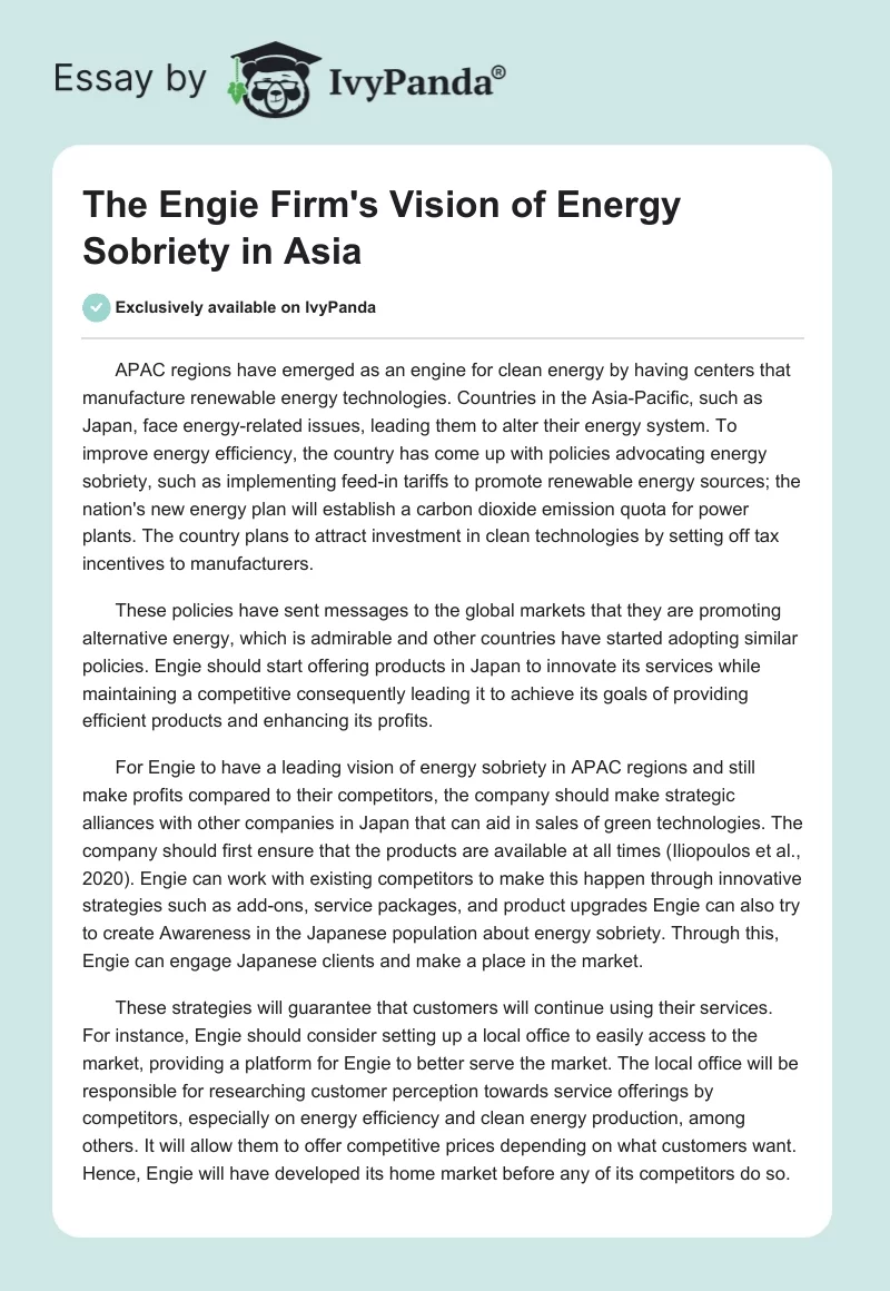 The Engie Firm's Vision of Energy Sobriety in Asia. Page 1