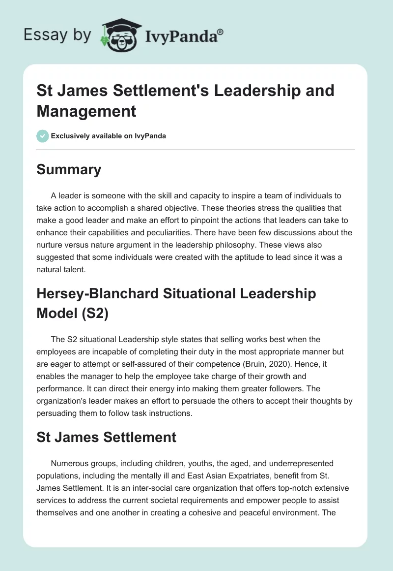 St James Settlement's Leadership and Management. Page 1