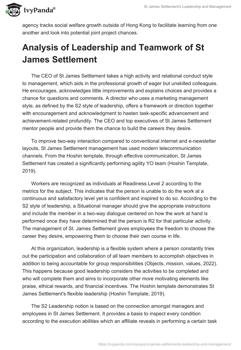 St James Settlement's Leadership and Management. Page 2