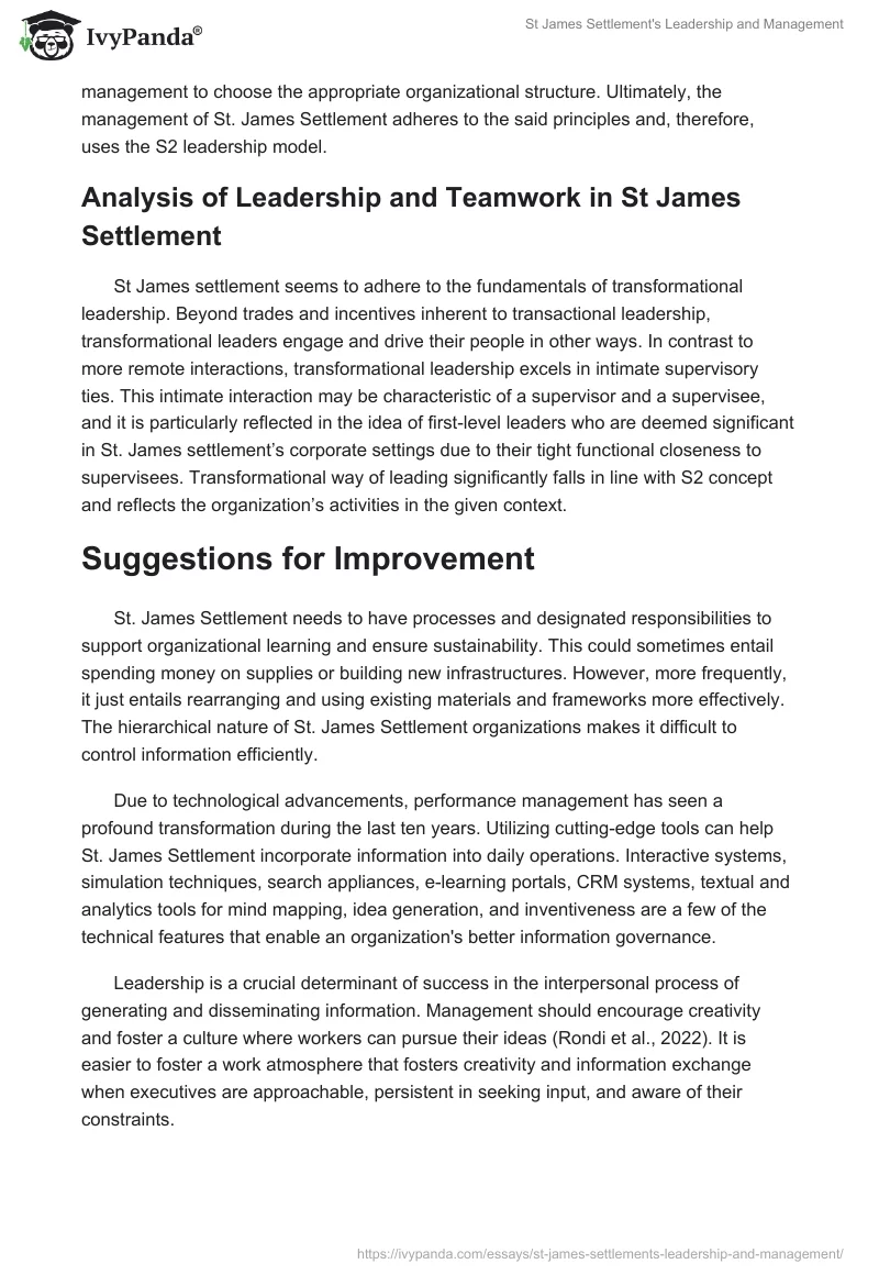 St James Settlement's Leadership and Management. Page 4