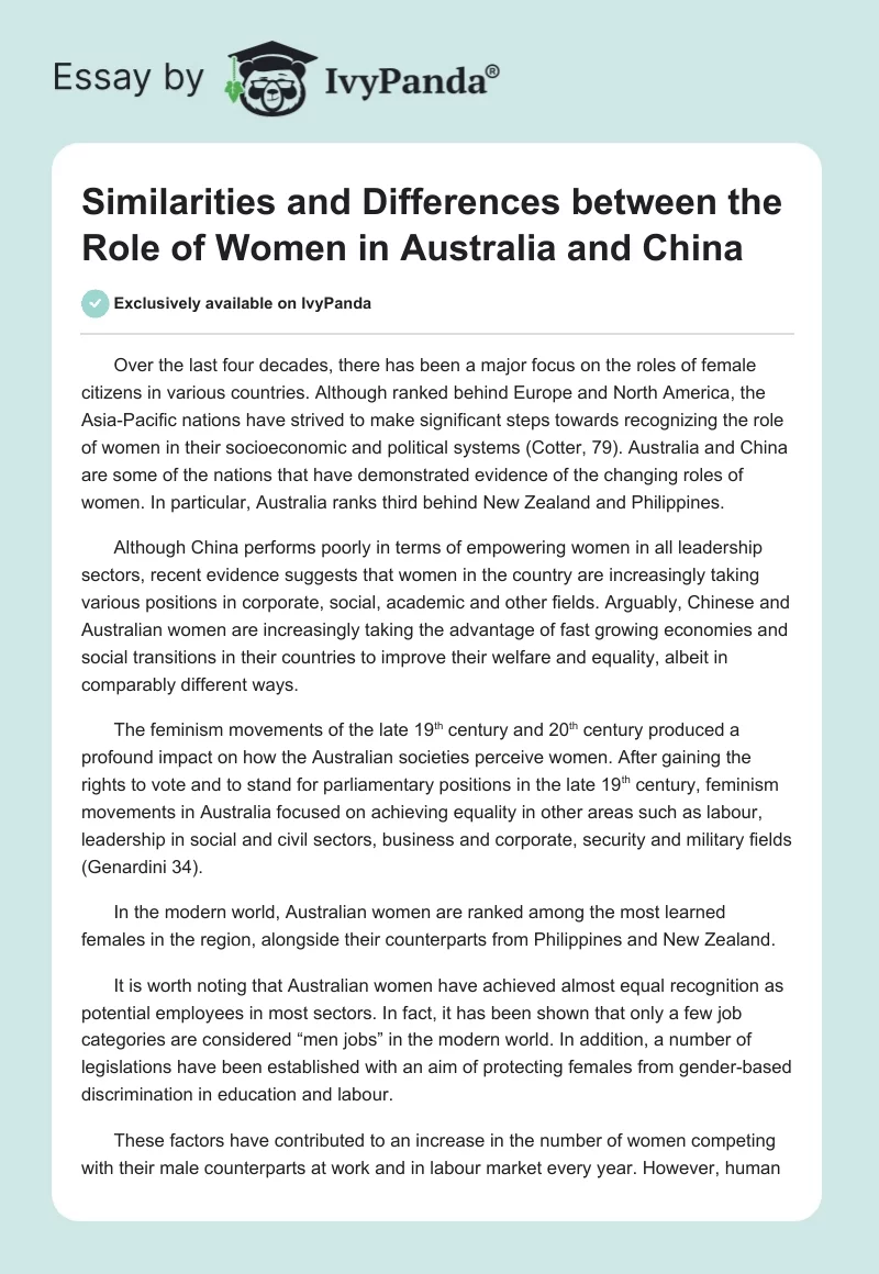 Similarities and Differences Between the Role of Women in Australia and China. Page 1