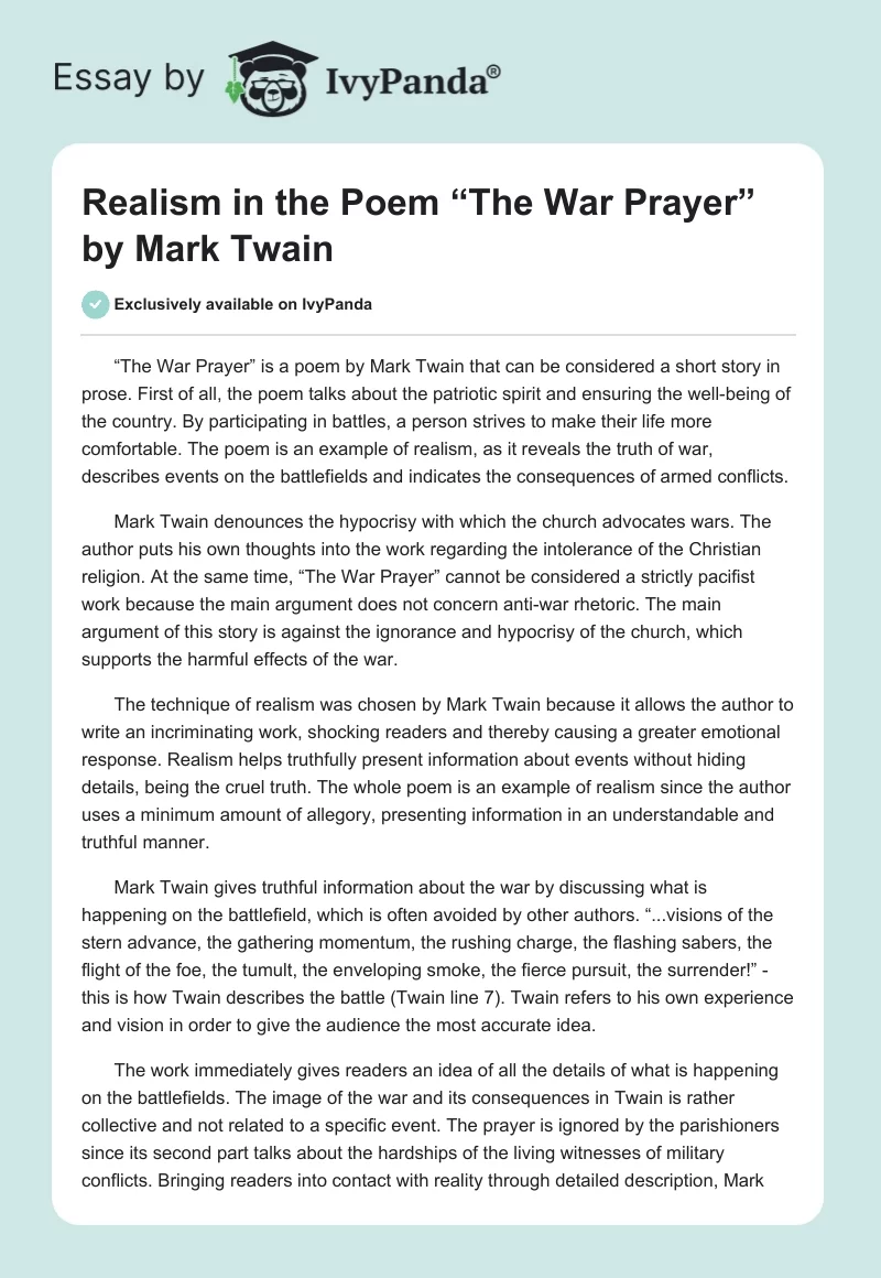 Realism in the Poem “The War Prayer” by Mark Twain. Page 1