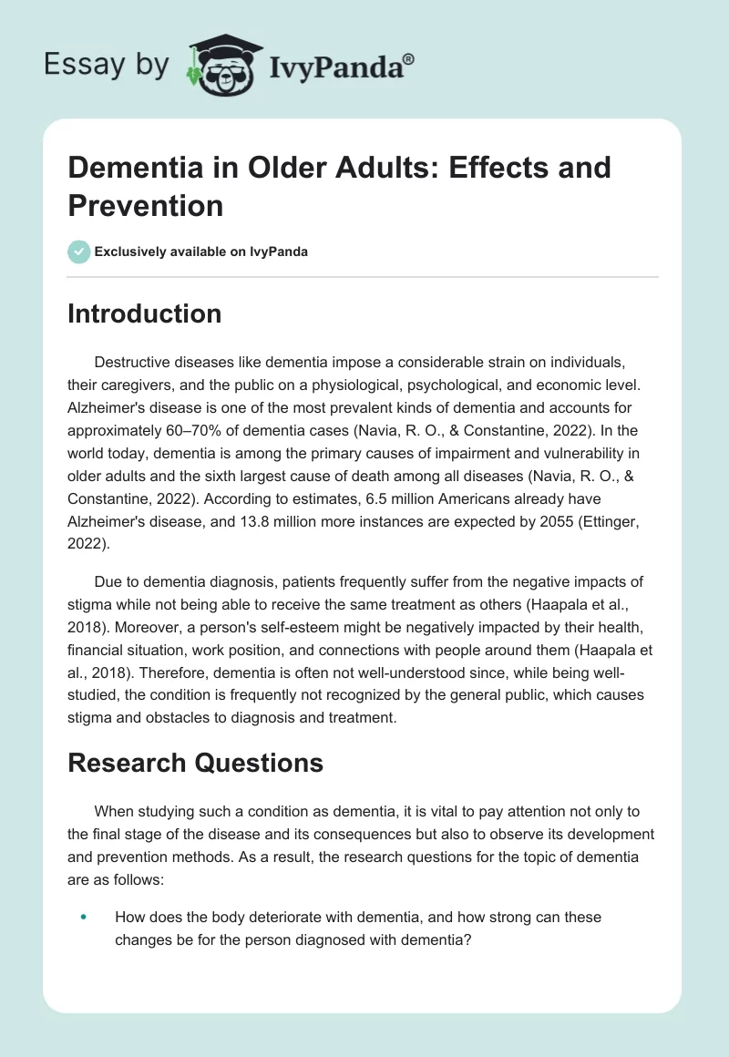 Dementia in Older Adults: Effects and Prevention. Page 1