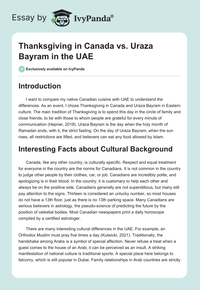 Thanksgiving in Canada vs. Uraza Bayram in the UAE. Page 1