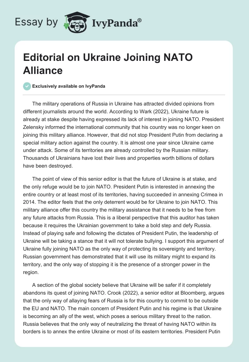 Editorial on Ukraine Joining NATO Alliance - 543 Words | Essay Example