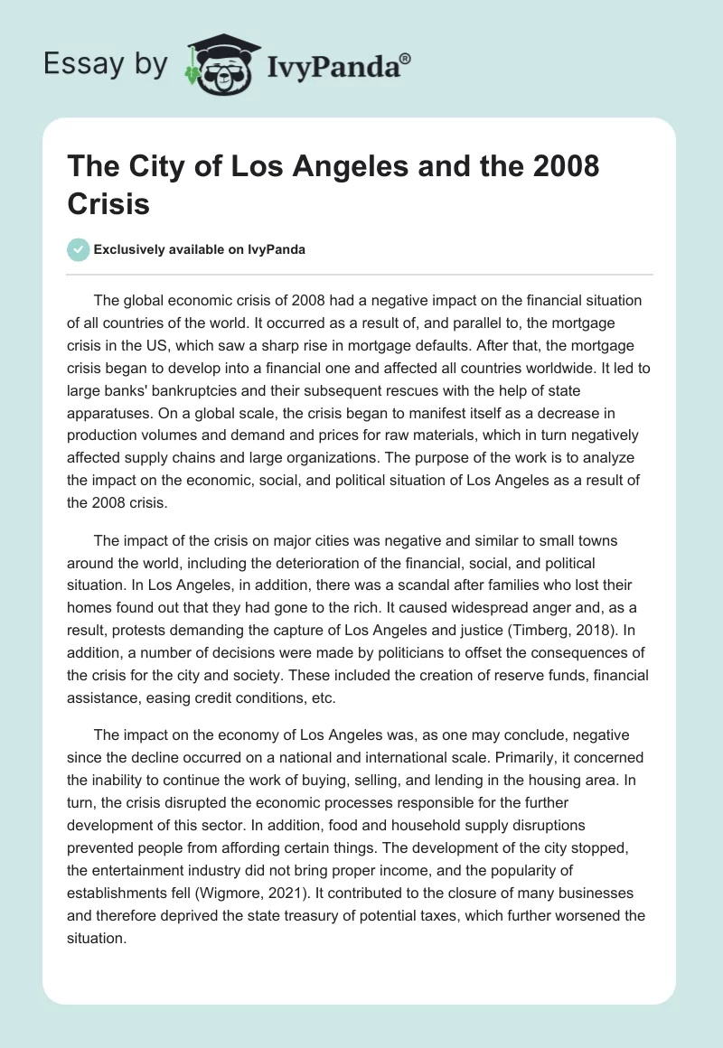 The City of Los Angeles and the 2008 Crisis. Page 1