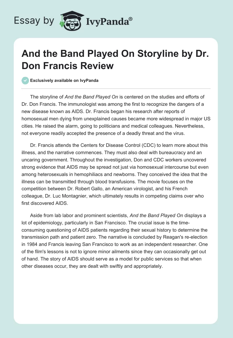 "And the Band Played On" Storyline by Dr. Don Francis Review. Page 1