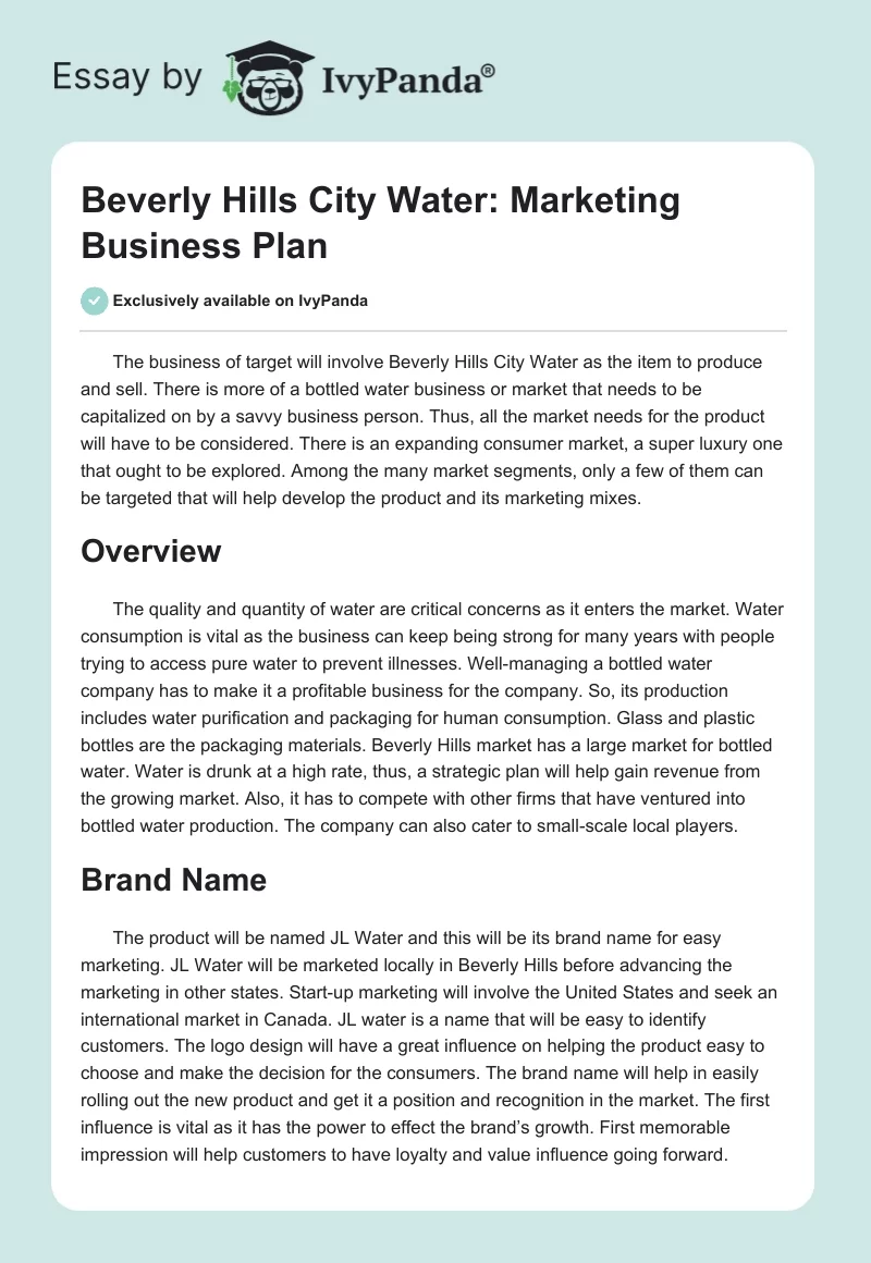 Beverly Hills City Water: Marketing Business Plan. Page 1
