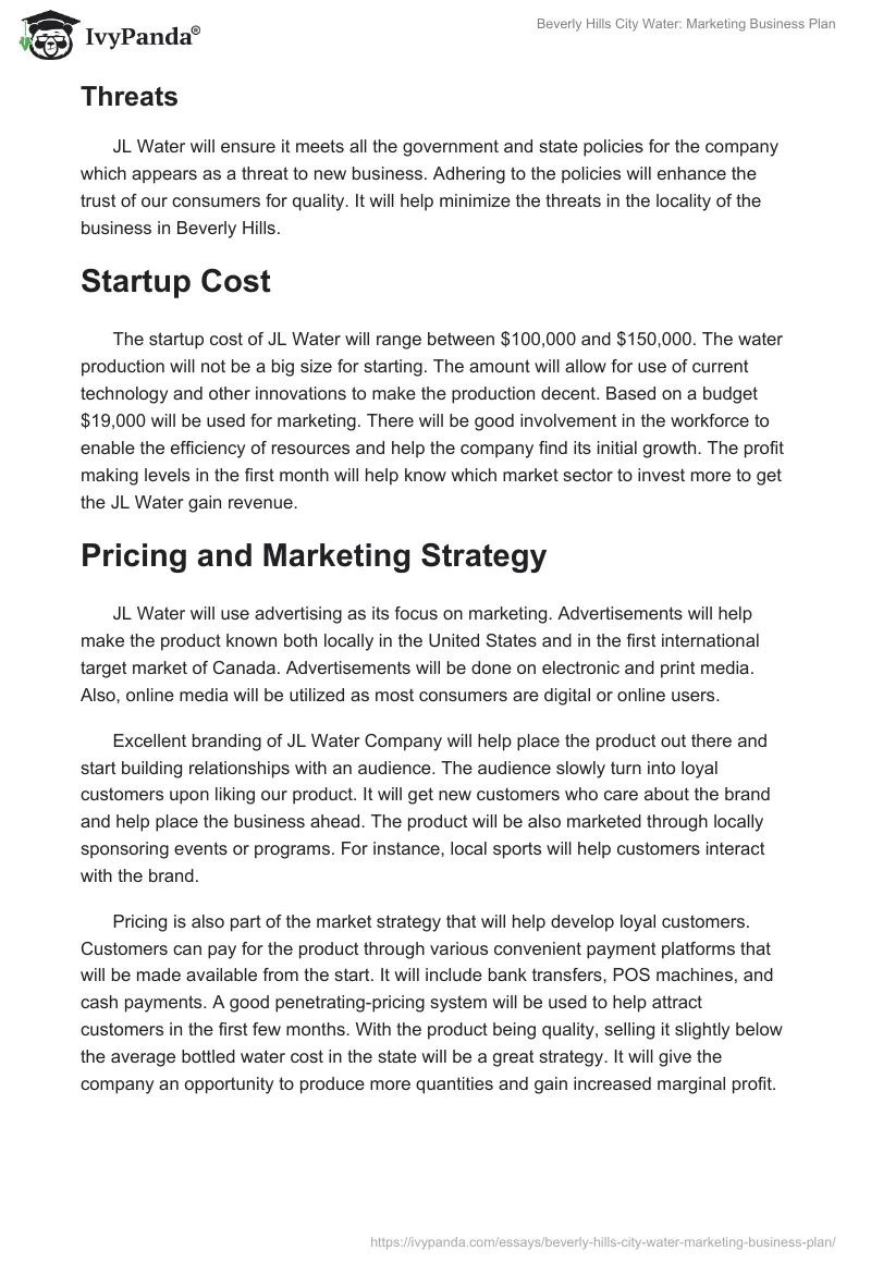 Beverly Hills City Water: Marketing Business Plan. Page 3