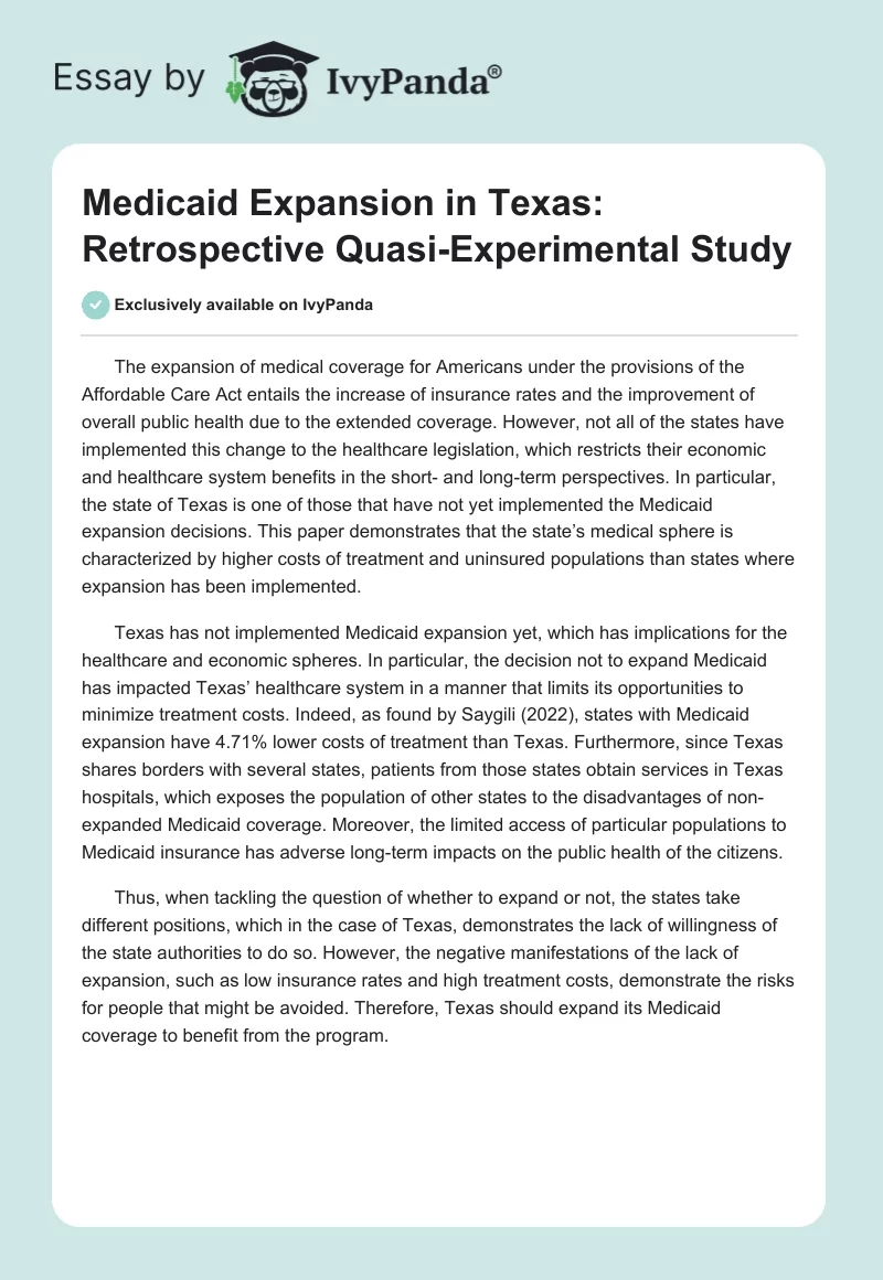 Medicaid Expansion in Texas: Retrospective Quasi-Experimental Study. Page 1