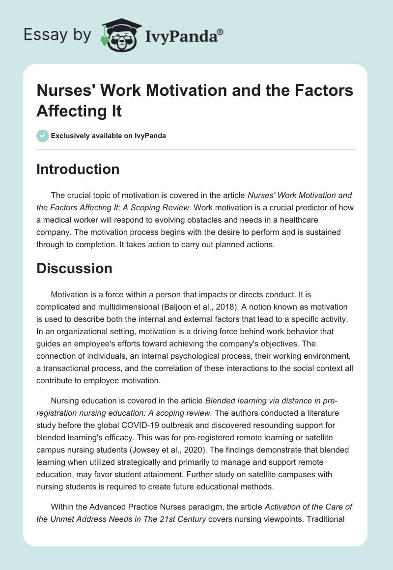 Nurses' Work Motivation and the Factors Affecting It. Page 1
