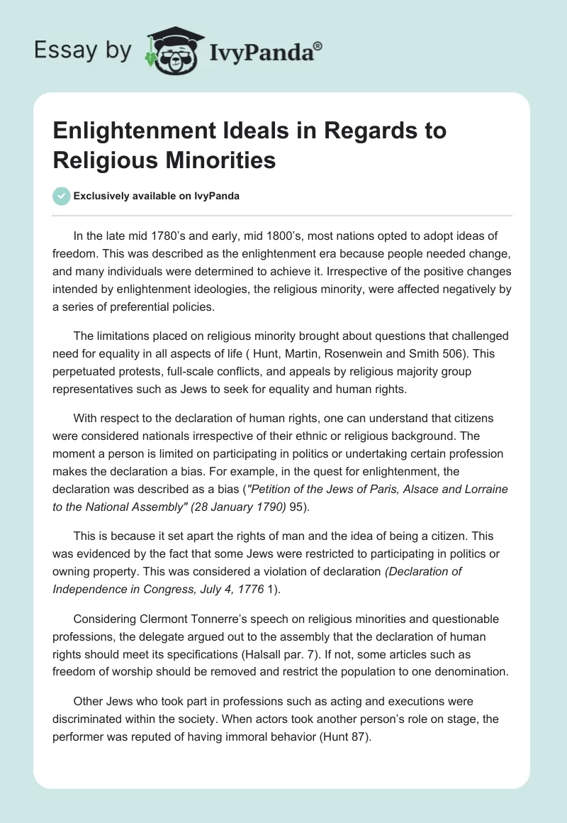 Enlightenment Ideals in Regards to Religious Minorities. Page 1