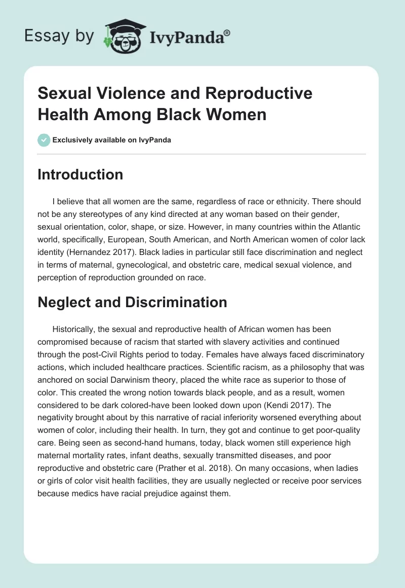 Sexual Violence and Reproductive Health Among Black Women. Page 1