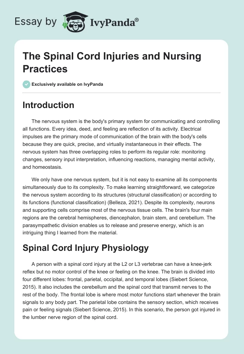 The Spinal Cord Injuries and Nursing Practices. Page 1