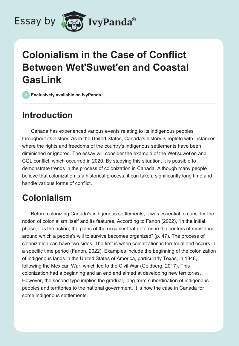 Colonialism in the Case of Conflict Between Wet'Suwet'en and Coastal GasLink. Page 1