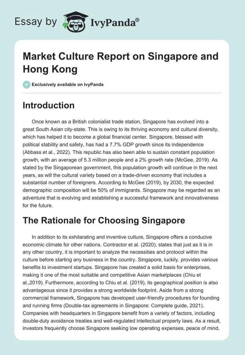 Market Culture Report on Singapore and Hong Kong. Page 1