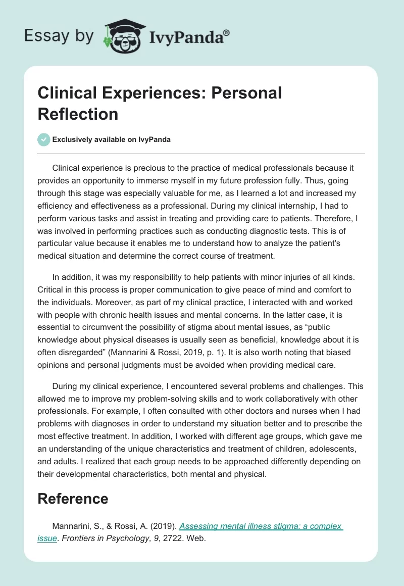 Clinical Experiences: Personal Reflection. Page 1
