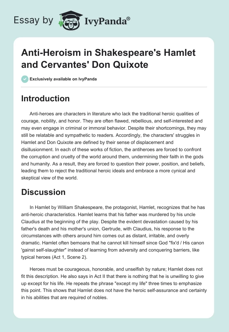 Anti-Heroism in Shakespeare's Hamlet and Cervantes' Don Quixote. Page 1