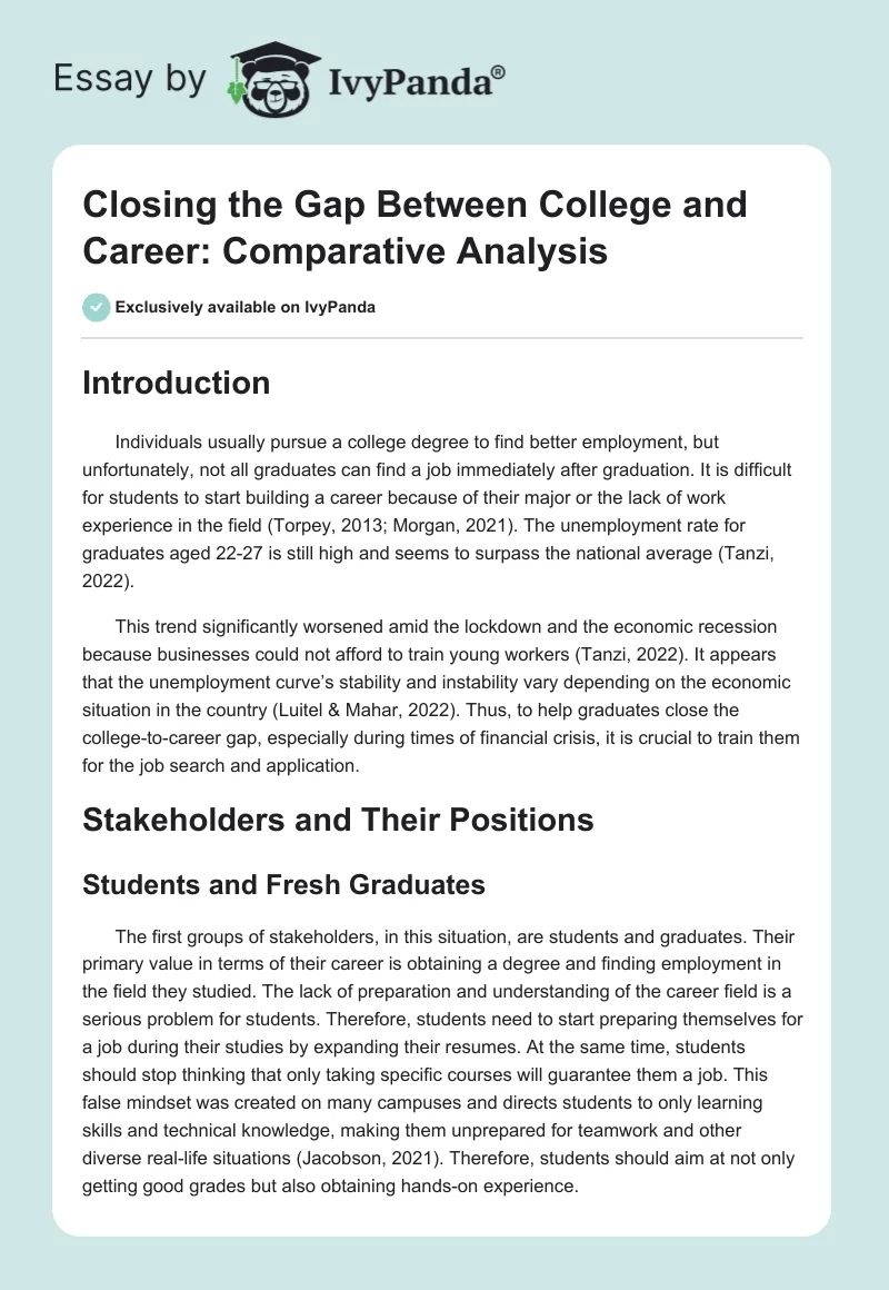 Closing the Gap Between College and Career: Comparative Analysis. Page 1