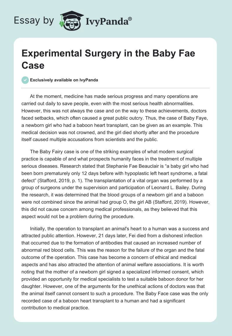 Experimental Surgery in the Baby Fae Case. Page 1
