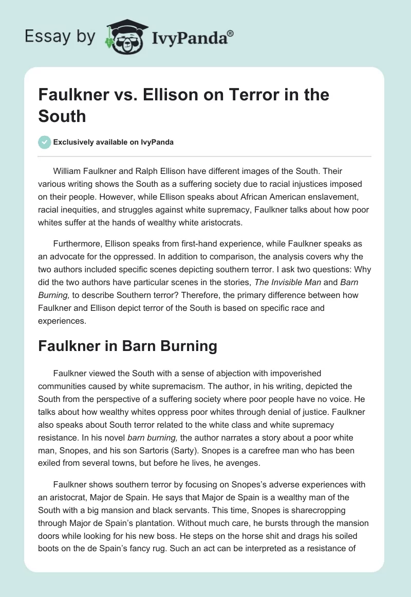 Faulkner vs. Ellison on Terror in the South. Page 1