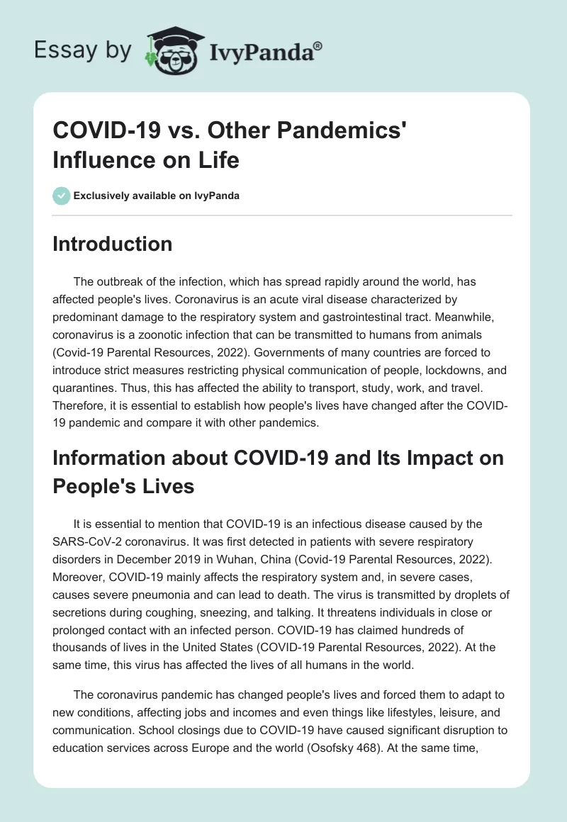 COVID-19 vs. Other Pandemics' Influence on Life. Page 1