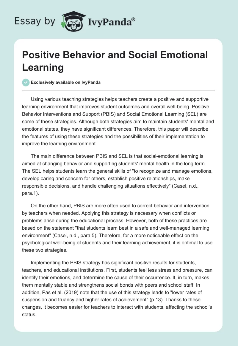 Positive Behavior and Social Emotional Learning. Page 1