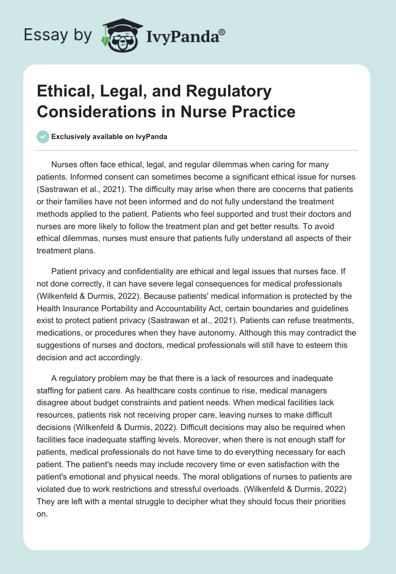 Ethical, Legal, and Regulatory Considerations in Nurse Practice. Page 1