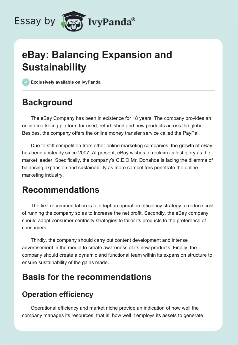 eBay: Balancing Expansion and Sustainability. Page 1