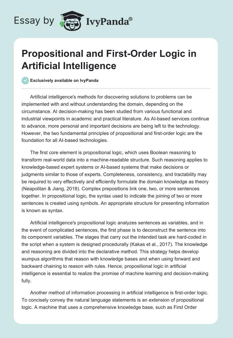 Propositional and First-Order Logic in Artificial Intelligence. Page 1