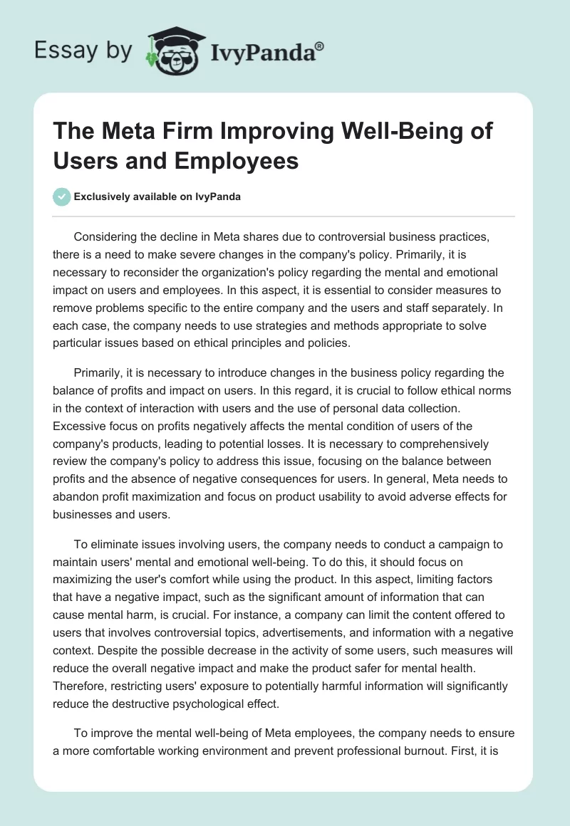 The Meta Firm Improving Well-Being of Users and Employees. Page 1