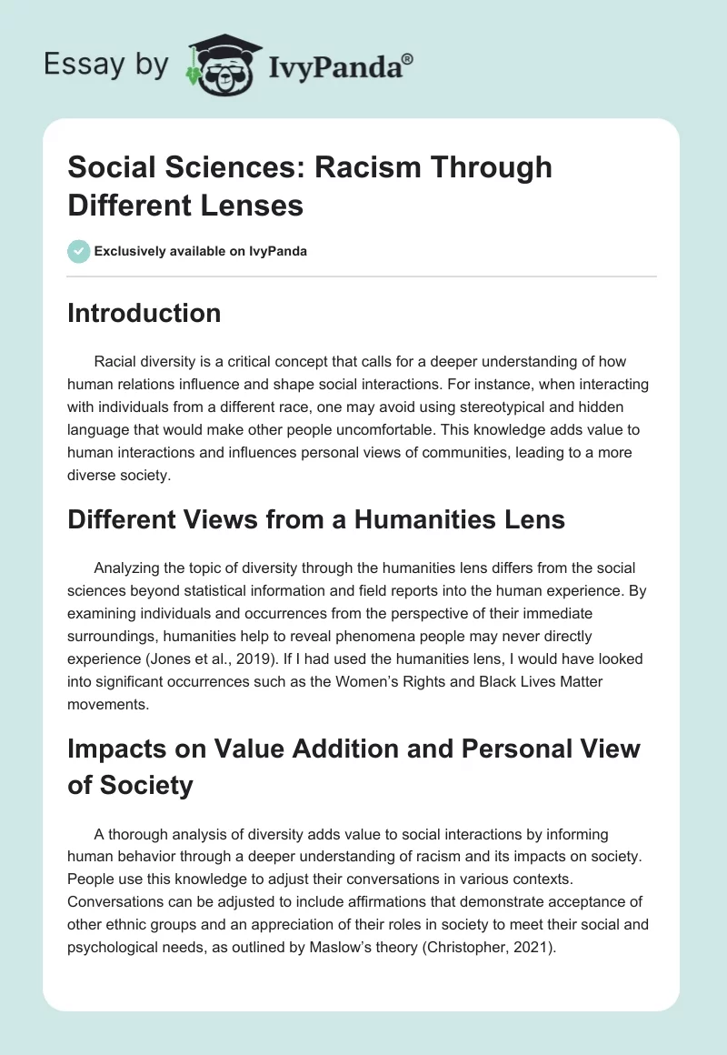 Social Sciences: Racism Through Different Lenses. Page 1