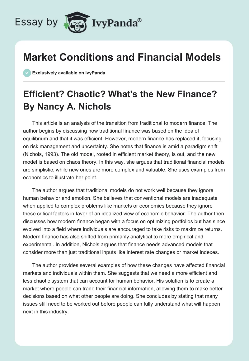 Market Conditions and Financial Models. Page 1