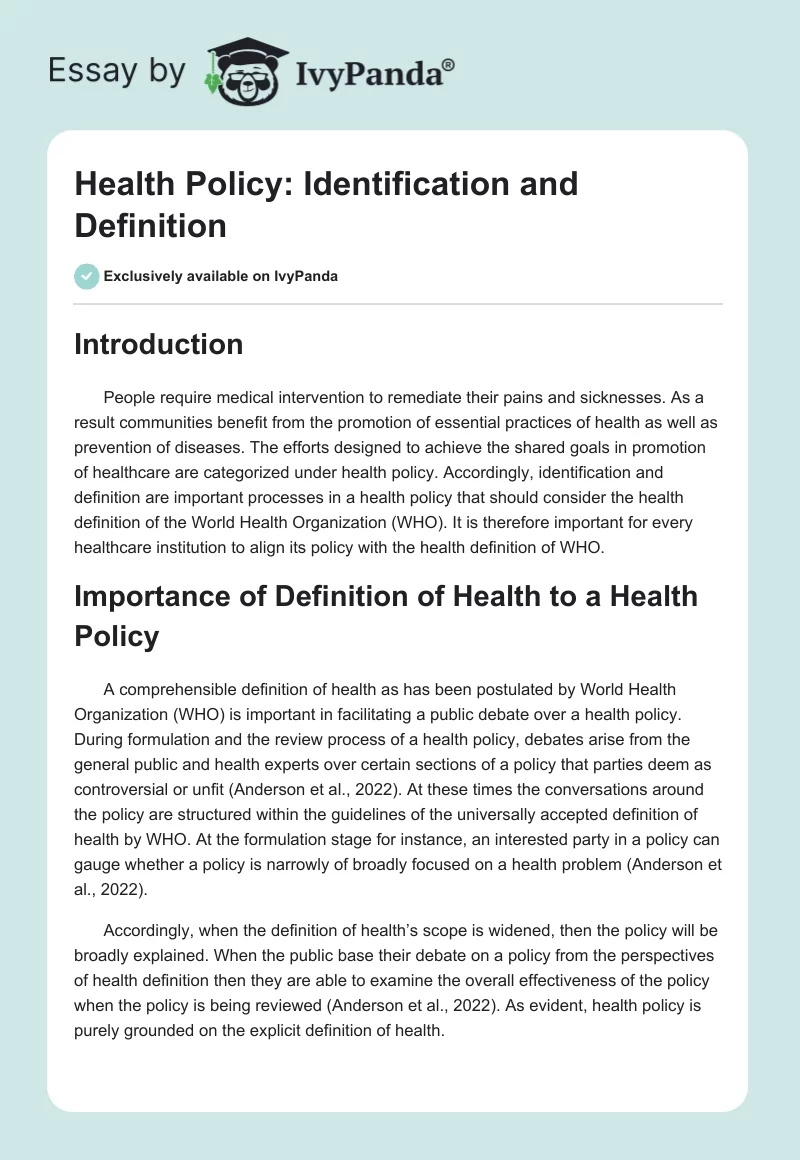Health Policy: Identification and Definition. Page 1