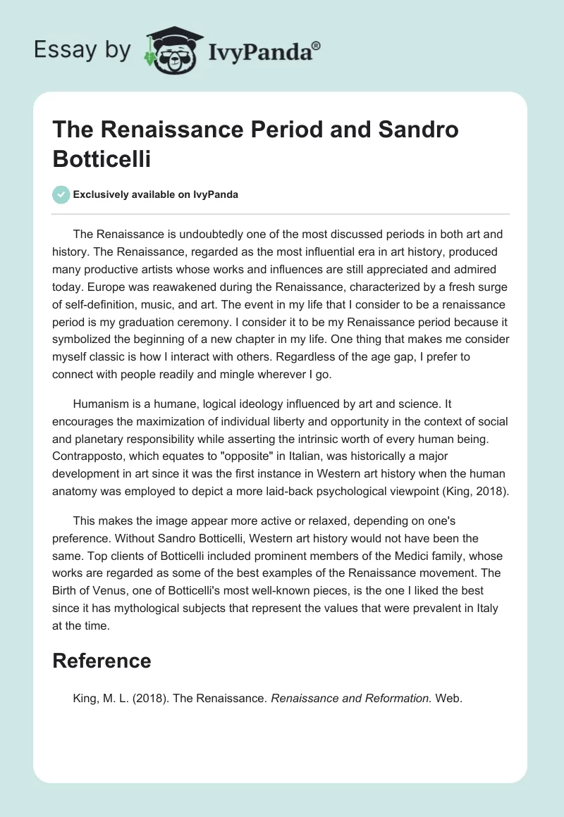 The Renaissance Period and Sandro Botticelli. Page 1