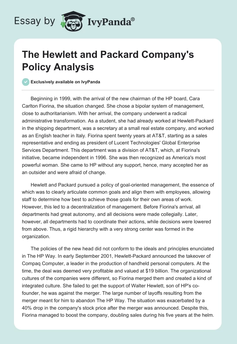 The Hewlett and Packard Company's Policy Analysis. Page 1