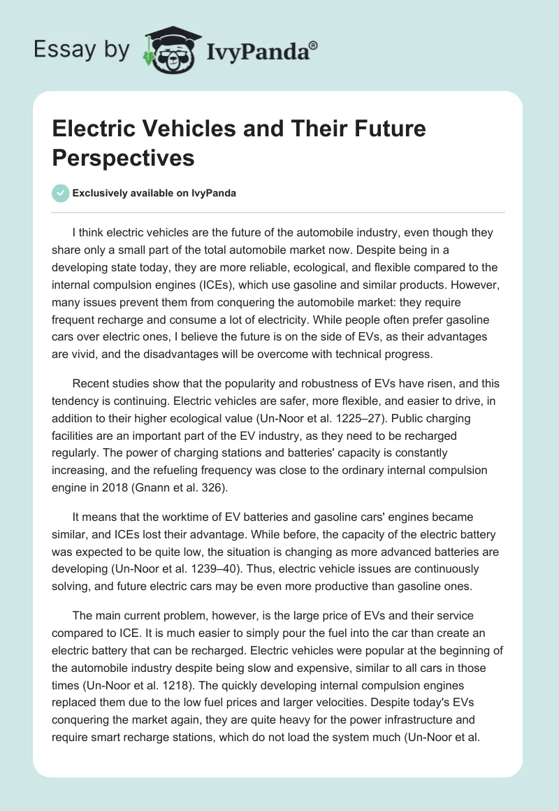 Electric Vehicles and Their Future Perspectives. Page 1