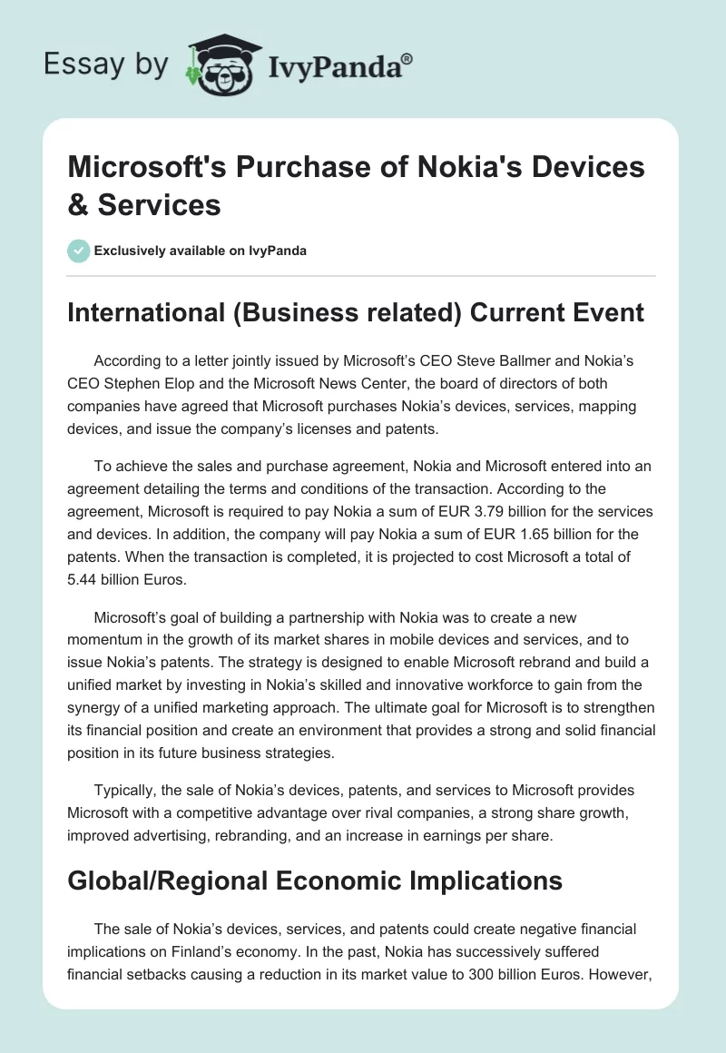 Microsoft's Purchase of Nokia's Devices & Services. Page 1
