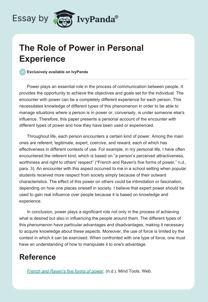 The Role of Power in Personal Experience. Page 1