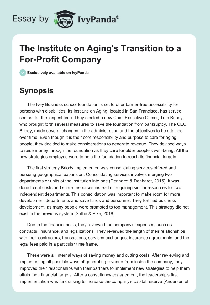 The Institute on Aging's Transition to a For-Profit Company. Page 1
